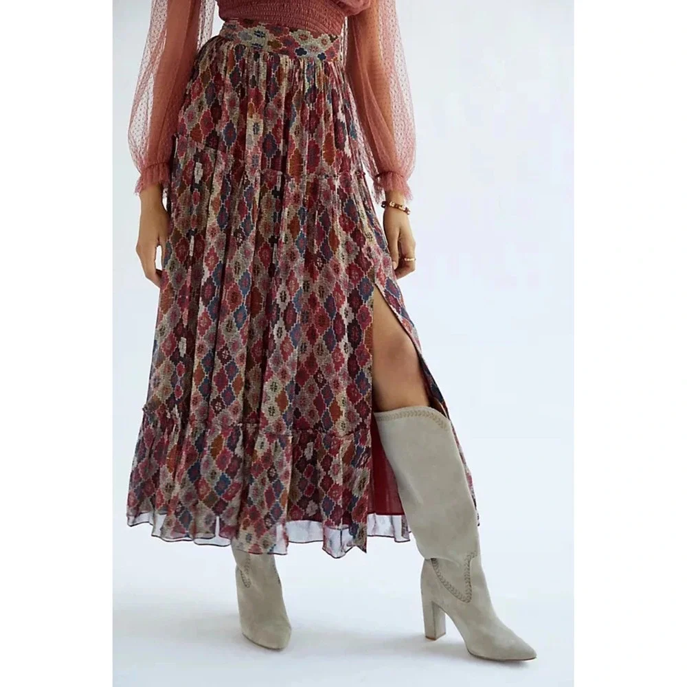 Anthropologie Nikita Mhaisalkar Maxi Skirt W/ Slit Ruffle Lined Geometric Small - Picture 2 of 9